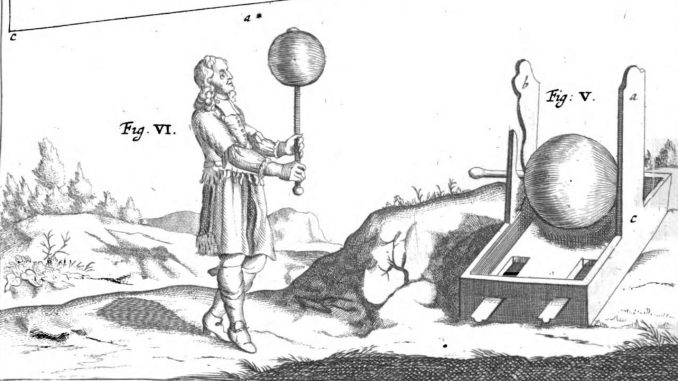 Otto von Guericke konstruierte 1663 die erste Elektrisiermaschine – ein wichtiger Schritt auf dem Weg zur Bändigung der bis dato vermeintlich übernatürlichen Kräfte. Die Zeichnung stammt aus einem Werk, das der deutsche Erfinder 1672 veröffentlichte. (Bild: Public Domain).