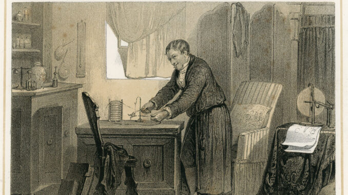 Alessandro Volta griff die Froschschenkel-Experimente seines Landsmannes Luigi Galvani auf, um die Theorie von der „animalischen Elektrizität“ zu entkräften. Stattdessen entdeckte er, dass der Stromfluss durch eine chemische Reaktion ausgelöst wird – eine wichtige Grundlage für die moderne Elektrizitätslehre. (Bild via Wikimedia Commons/Public Domain)