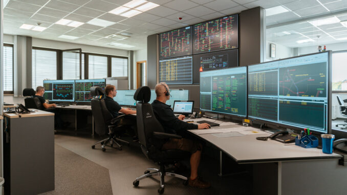 Mehrere Personen arbeiten in einem modernen Leitstand mit großen Monitoren, die komplexe Netz- und Systemdaten anzeigen. Eine Person steht und zeigt auf eine Wand mit Übersichtstafeln.